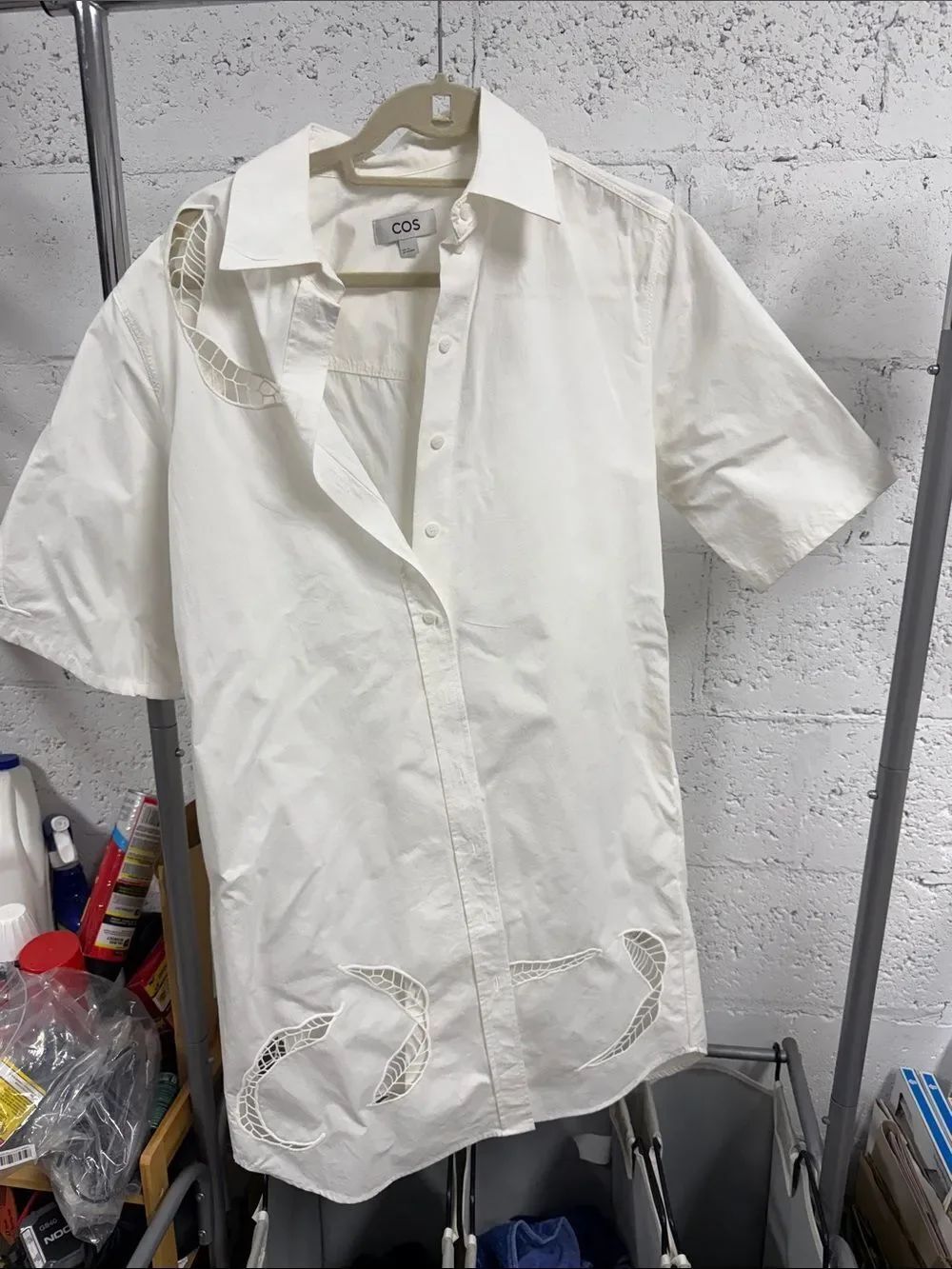 COS White Short-Sleeve Button-Front Shirt with Cutout Embroidery XS - LIKE NEW
